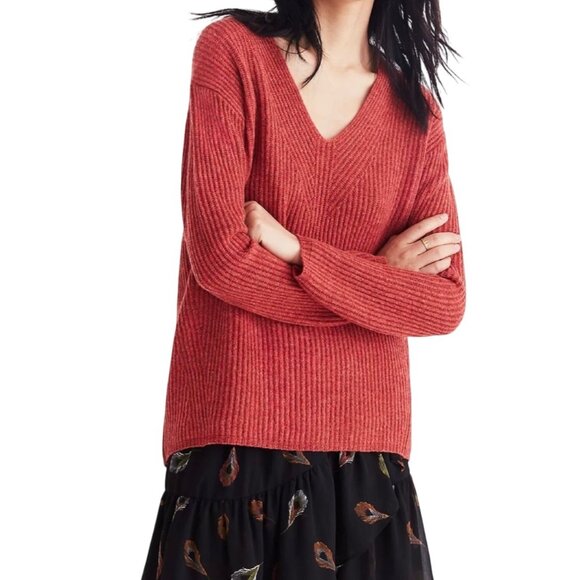 Madewell Woodside Pullover Sweater Ribbed Knit V-Neck Size M Wool Blend Hthr Rus - Picture 1 of 9